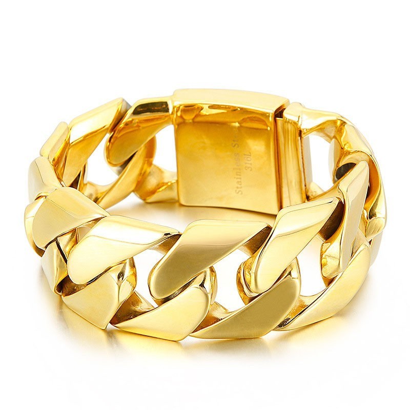 Bracciale Hip Hop In Titanio Cool, Largo 31 Mm, Color Oro Moda Bracciale Hip Hop In Titanio Cool, Largo 31 Mm, Color Oro Moda