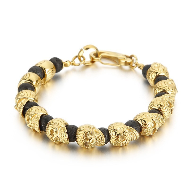 Bracciale In Titanio Con Teschio E Pietra Vulcanica Occhio Di Tigre Da Uomo Bracciale In Titanio Con Teschio E Pietra Vulcanica Occhio Di Tigre Da Uomo
