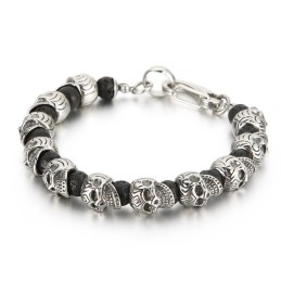 Bracciale Da Uomo In Titanio Con Teschio E Pietra Vulcanica Con Occhio Di Tigre