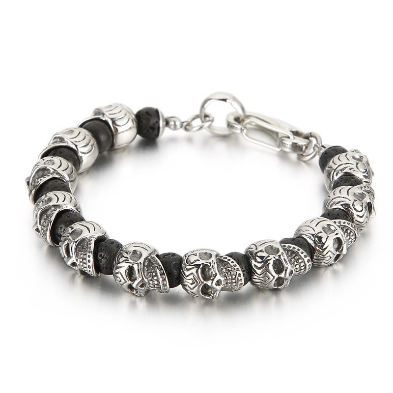 Bracciale Da Uomo In Titanio Con Teschio E Pietra Vulcanica Con Occhio Di Tigre Bracciale Da Uomo In Titanio Con Teschio E Pietra Vulcanica Con Occhio Di Tigre