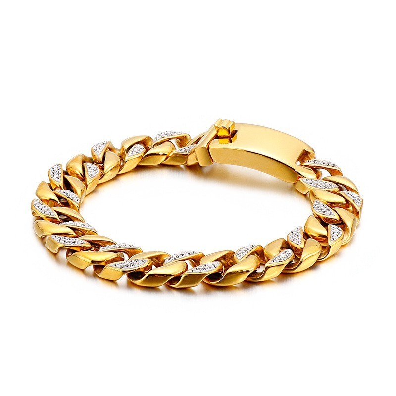 Bracciale Da Uomo In Titanio Con Diamanti In Oro 19 Carati, Stile Hip Hop Bracciale Da Uomo In Titanio Con Diamanti In Oro 19 Carati, Stile Hip Hop