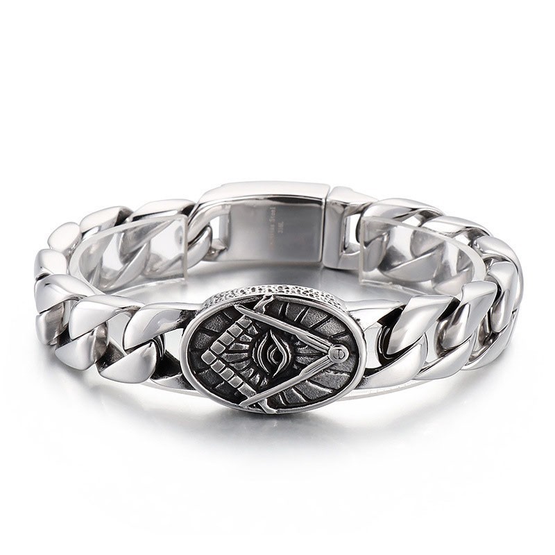 Bracciale Massonico In Titanio Con Piastra Rotonda In Stile Vintage Chic Per Uomo Bracciale Massonico In Titanio Con Piastra Rotonda In Stile Vintage Chic Per Uomo