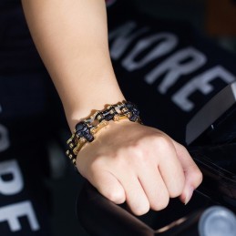 Bracciale Da Motociclista Da Uomo In Titanio Bicolore Con Teschio Placcato In Oro E Stile Rock Hip-Hop