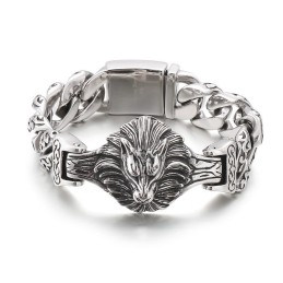 Bracciale In Titanio Floreale Con Testa Di Lupo Per Uomo