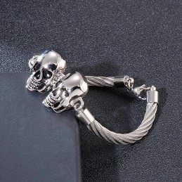 Bracciale Da Uomo In Titanio Con Doppio Teschio In Filo D'Acciaio E Moda Cool