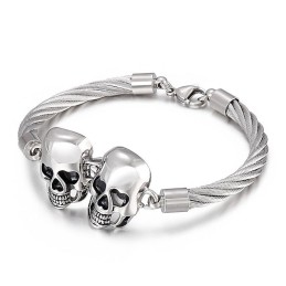 Bracciale Da Uomo In Titanio Con Doppio Teschio In Filo D'Acciaio E Moda Cool