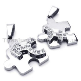 Ciondoli A Forma Di Puzzle In Titanio Con Ciondolo "Love" E Catene Senza Diamanti