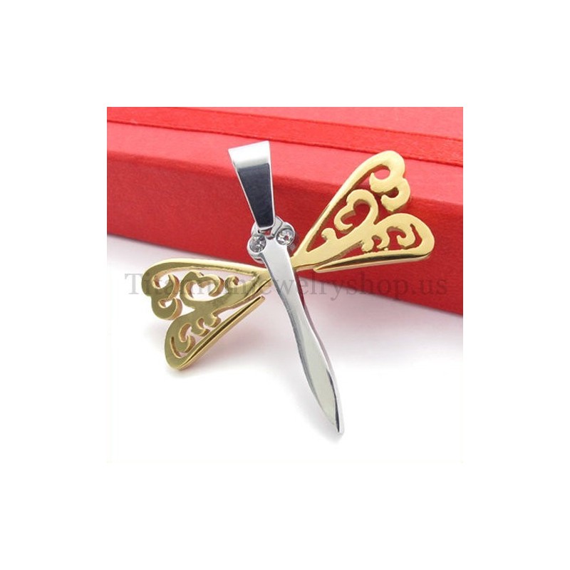 Ciondolo A Croce In Titanio Con Libellula E Ali D'Oro Ciondolo A Croce In Titanio Con Libellula E Ali D'Oro