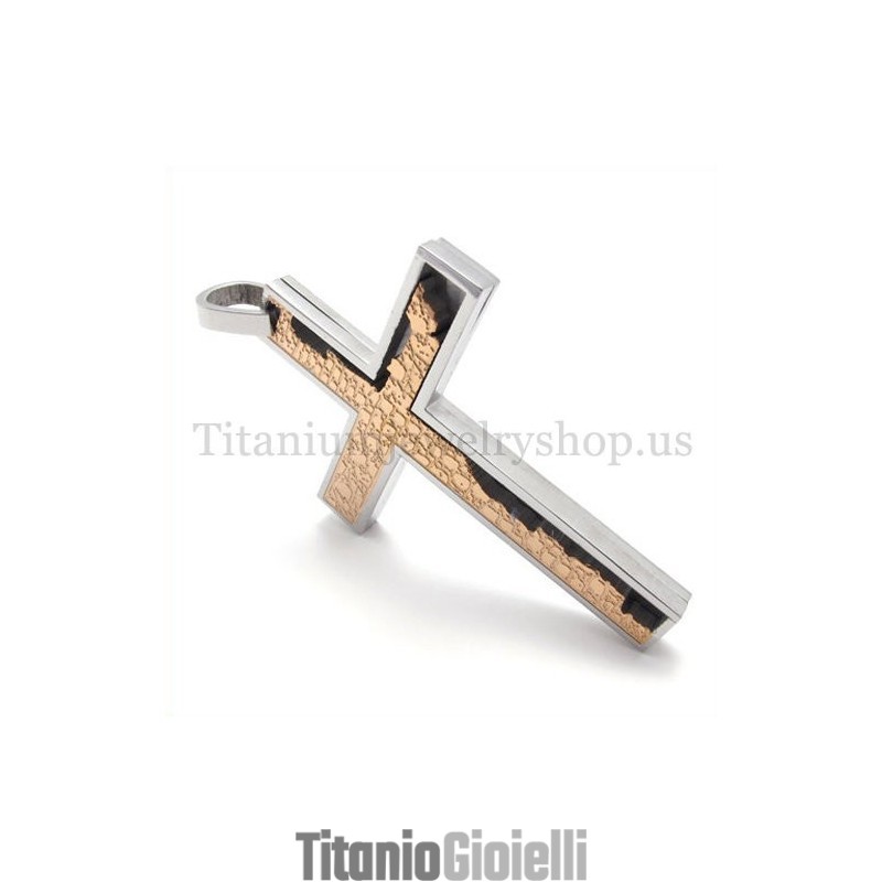 Ciondolo A Croce Quadrata In Titanio Con Riempimento Incompleto In Oro Caffè