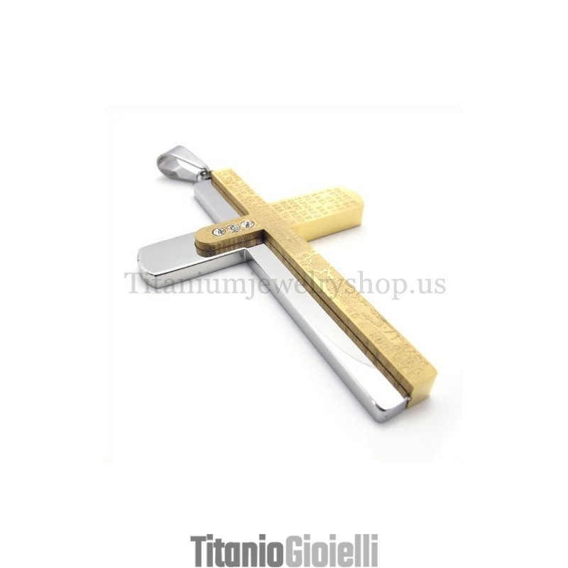 Ciondolo A Croce In Titanio Dorato Con Bibbia Intagliata A Due Strati