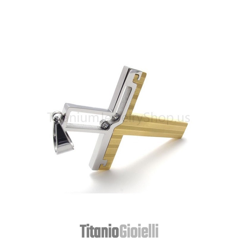 Nuovo Ciondolo In Titanio A Croce Cava Bicolore