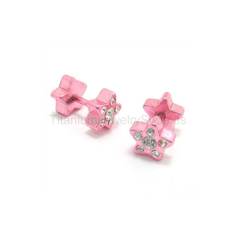 Orecchini In Titanio Con Stelle Rosa E Diamanti Intarsiati Orecchini In Titanio Con Stelle Rosa E Diamanti Intarsiati