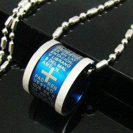 Collana Con Ciondolo A Forma Di Croce Blu Con Bibbia In Titanio Puro