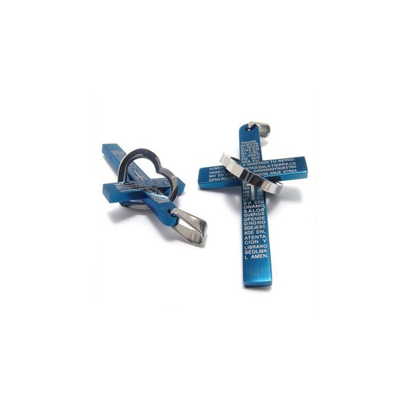 Ciondolo In Acciaio Al Titanio Con Croce A Forma Di Cuore, Stile Cool Man (Nuovo), Colore Blu Ciondolo In Acciaio Al Titanio Con Croce A Forma Di Cuore, Stile Cool Man (Nuovo), Colore Blu