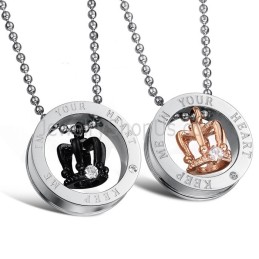 Ciondoli Per Amanti "Keep Me In Your Heart" In Titanio Oro Rosa E Corone Reali Nere Con Strass E Catene Gratuite C603