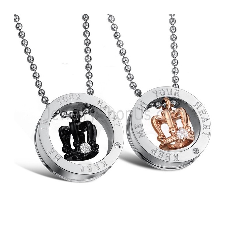 Ciondoli Per Amanti "Keep Me In Your Heart" In Titanio Oro Rosa E Corone Reali Nere Con Strass E Catene Gratuite C603 Ciondoli Per Amanti "Keep Me In Your Heart" In Titanio Oro Rosa E Corone Reali Nere Con Strass E Catene Gratuite C603