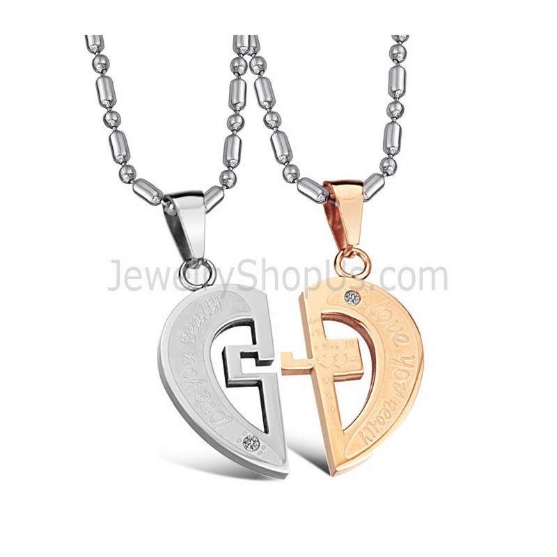 Ciondoli "Loveheart Lovers" In Titanio Oro Rosa E Argento Con Strass E Catene Gratuite C641 Ciondoli "Loveheart Lovers" In Titanio Oro Rosa E Argento Con Strass E Catene Gratuite C641