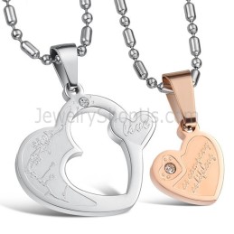 Ciondoli "Loveheart Lovers" In Titanio Oro Rosa E Argento Con Strass E Catene Gratuite C600
