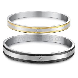 Braccialetti Di Coppia Tatanium Neri E Oro "True Love Forever" Con Strass C875