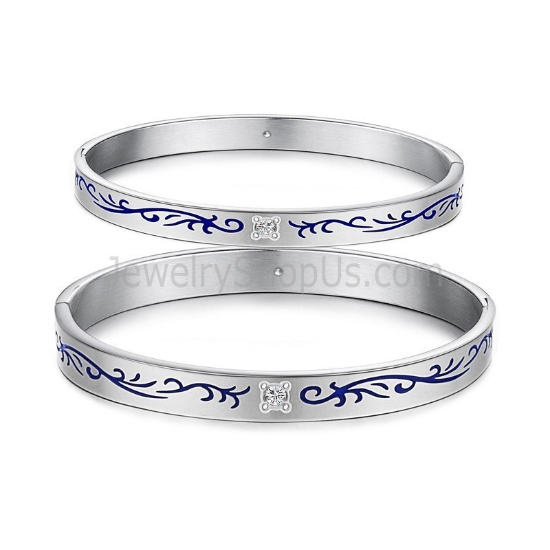 Braccialetti Di Coppia Tatanium Con Fiori Blu C858 Braccialetti Di Coppia Tatanium Con Fiori Blu C858
