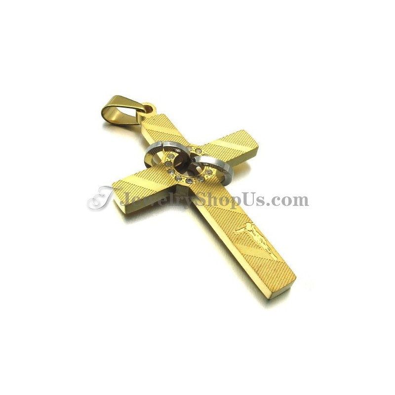 Ciondolo A Forma Di Croce In Titanio Dorato Con Cerchi In Strass Ciondolo A Forma Di Croce In Titanio Dorato Con Cerchi In Strass