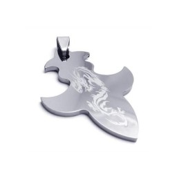 Collana Da Uomo Con Ciondolo A Forma Di Croce E Drago In Acciaio Al Tungsteno (Nuova)