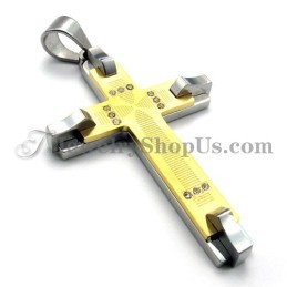 Splendido Ciondolo Con Croce In Titanio Dorato E Strass