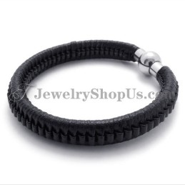 Elegante Bracciale In Titanio Nero E Pelle