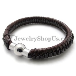 Elegante Bracciale In Titanio Marrone E Pelle