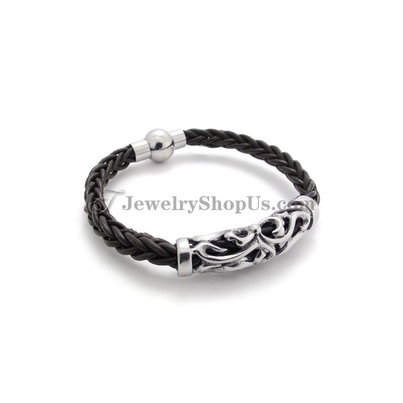 Elegante Bracciale In Titanio In Pelle Nera Elegante Bracciale In Titanio In Pelle Nera