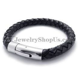 Bracciale Alla Moda In Pelle Nera E Titanio