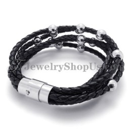 Bracciale In Pelle Nera Alla Moda Con Titanio