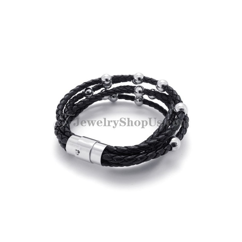 Bracciale In Pelle Nera Alla Moda Con Titanio Bracciale In Pelle Nera Alla Moda Con Titanio
