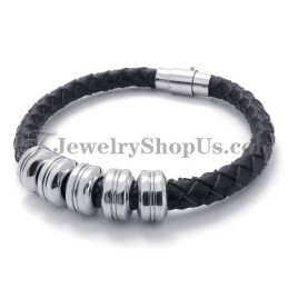 Bracciale Alla Moda In Pelle Nera E Titanio