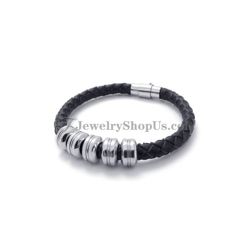 Bracciale Alla Moda In Pelle Nera E Titanio Bracciale Alla Moda In Pelle Nera E Titanio