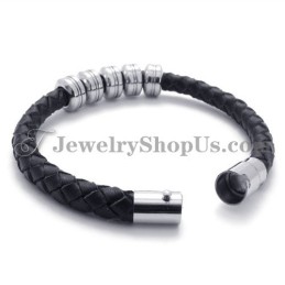 Bracciale Alla Moda In Pelle Nera E Titanio