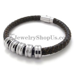 Elegante Bracciale In Pelle Nera E Titanio