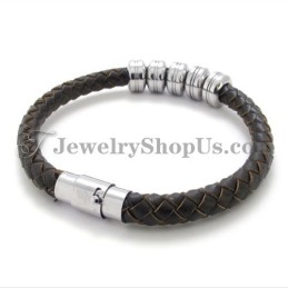 Elegante Bracciale In Pelle Nera E Titanio