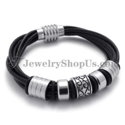 Elegante Bracciale In Pelle Nera E Titanio