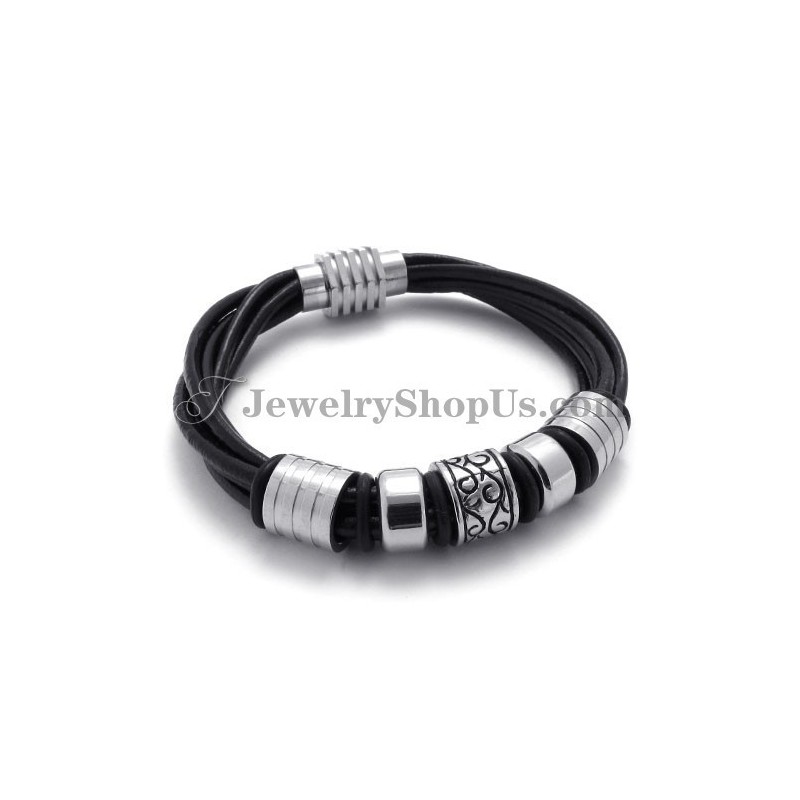 Elegante Bracciale In Pelle Nera E Titanio Elegante Bracciale In Pelle Nera E Titanio