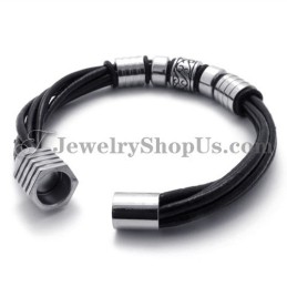 Elegante Bracciale In Pelle Nera E Titanio