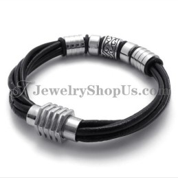 Elegante Bracciale In Pelle Nera E Titanio