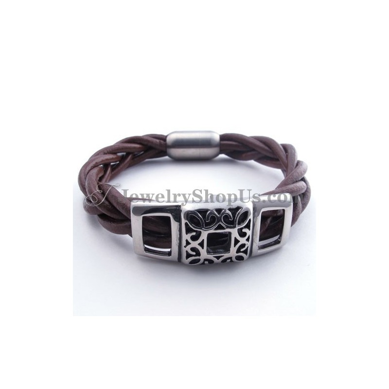 Bracciale In Pelle Di Titanio Marrone Alla Moda Bracciale In Pelle Di Titanio Marrone Alla Moda