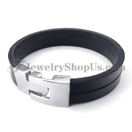 Elegante Bracciale In Pelle Nera Con Titanio