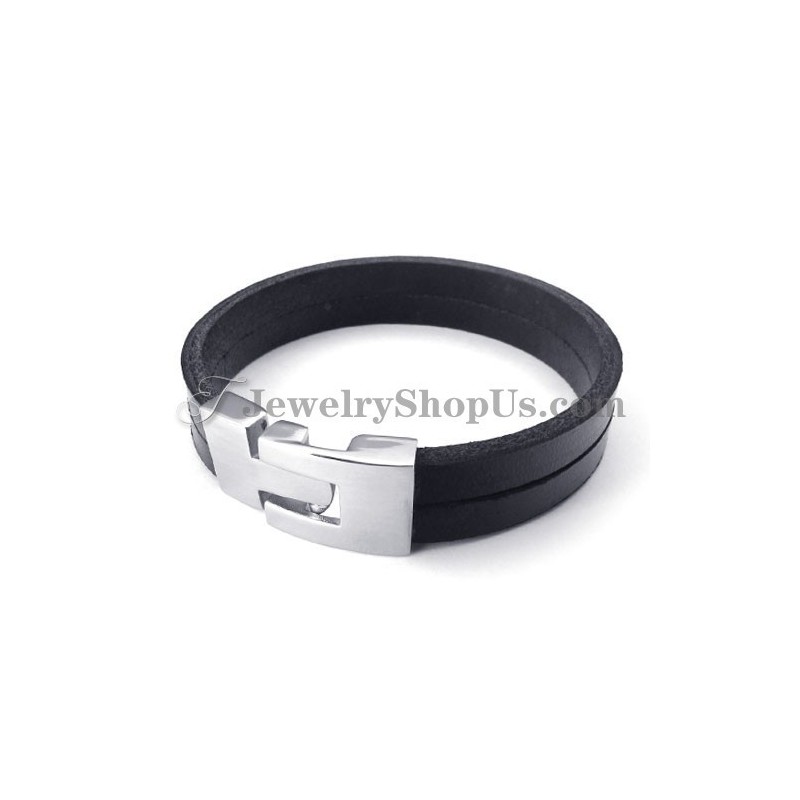 Elegante Bracciale In Pelle Nera Con Titanio