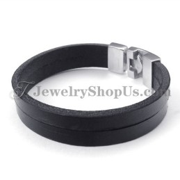 Elegante Bracciale In Pelle Nera Con Titanio