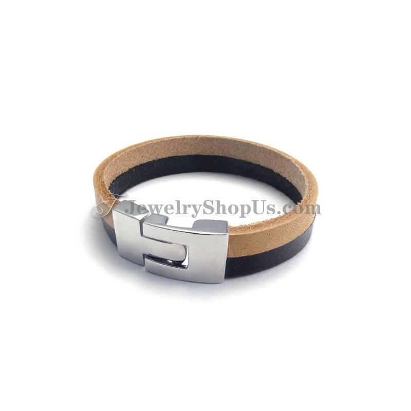 Elegante Bracciale In Pelle Nera E Marrone Con Titanio Elegante Bracciale In Pelle Nera E Marrone Con Titanio
