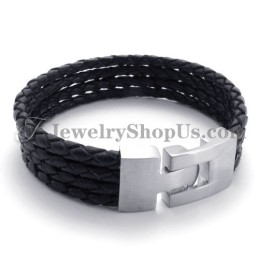 Elegante Bracciale In Pelle Nera E Titanio