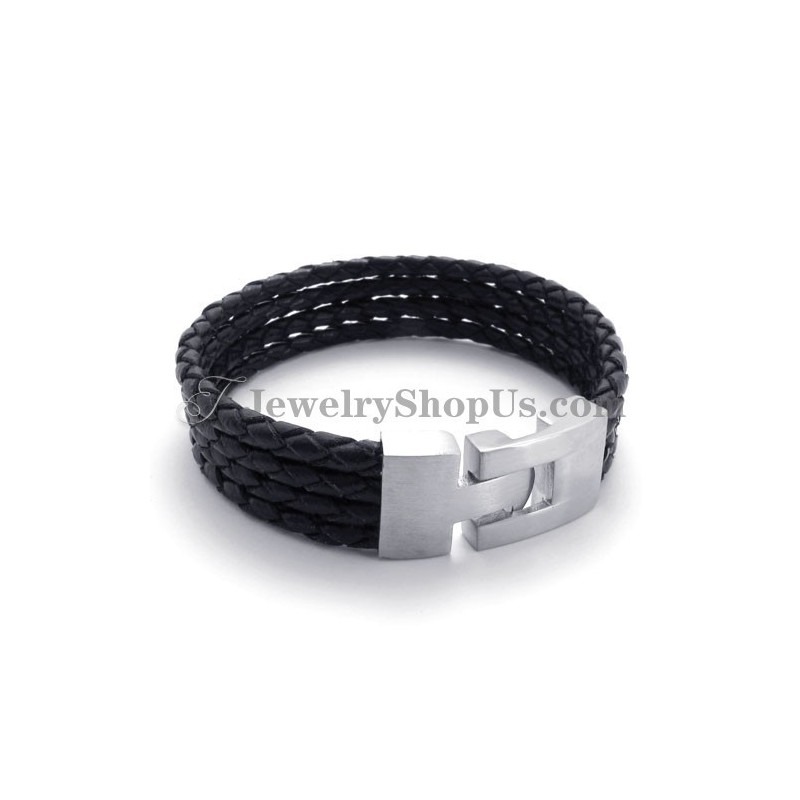 Elegante Bracciale In Pelle Nera E Titanio Elegante Bracciale In Pelle Nera E Titanio