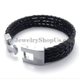 Elegante Bracciale In Pelle Nera E Titanio